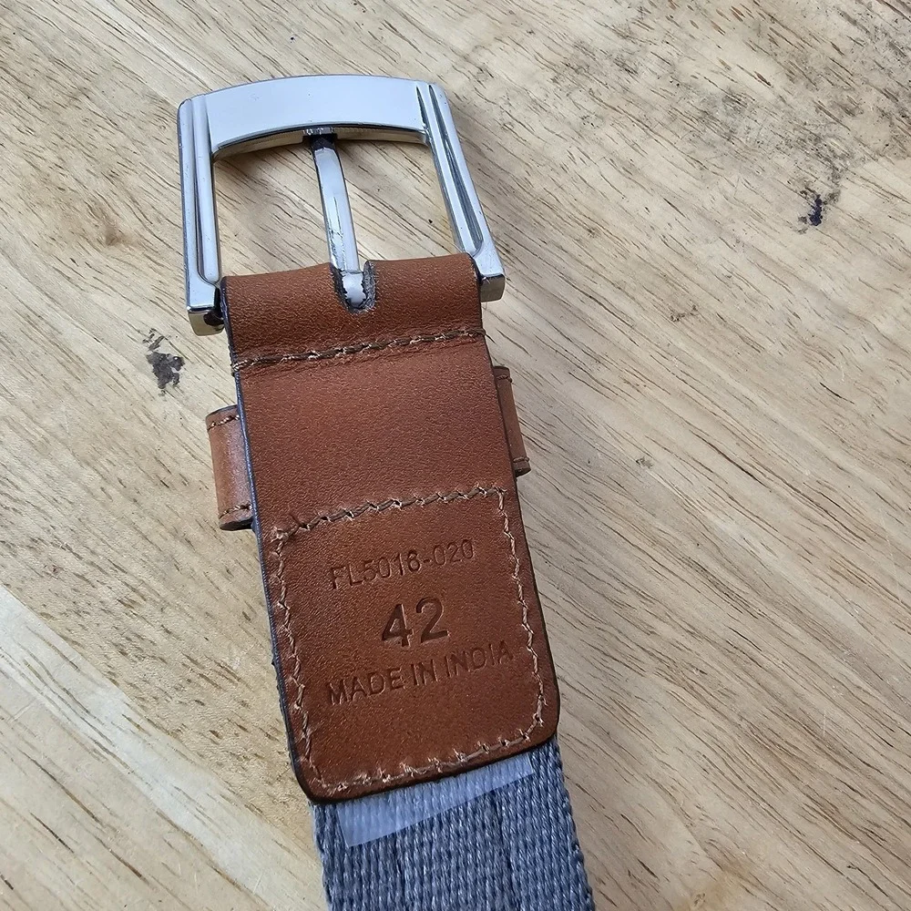 Florsheim Mens Brown Leather Gray Cotton Belt 42 Silvertone Buckle Preppy Office
